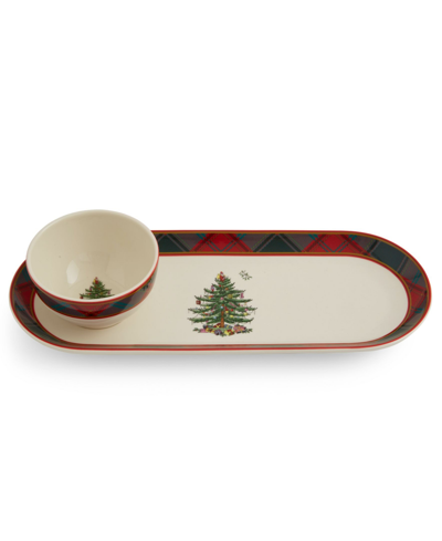 Spode Tartan 2-piece Chip And Dip Serving Set In Green