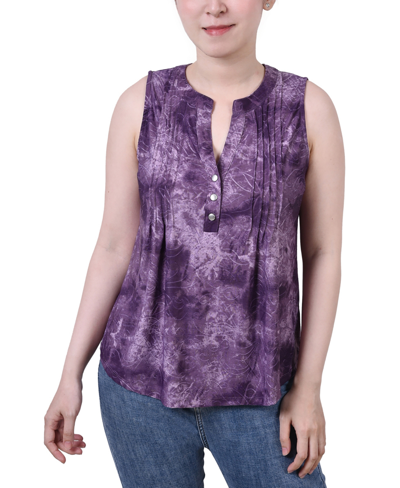 Ny Collection Petite Sleeveless Jacquard Y-neck Top In Purple Tie Dye
