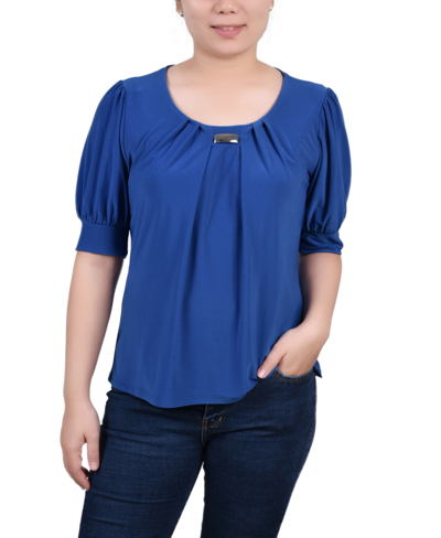 Ny Collection Petite Short Sleeve Balloon Sleeve Top In Blue Quart