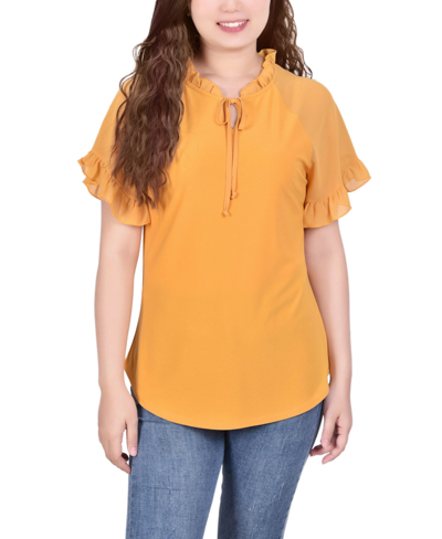 Ny Collection Plus Size Short Ruffled Sleeve Crepe Knit Top With Chiffon Sleeves In Golden-tone Glow