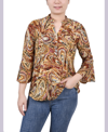 Ny Collection Petite 3/4 Bell Sleeve Printed Pleat Front Y-neck Top In Multi Gray Peacock