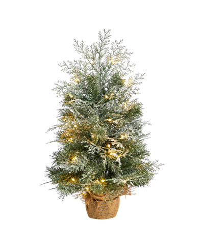 Nearly Natural Winter Frosted Artificial Christmas Tree With 35 Led Lights In Burlap Base, 2' In Green