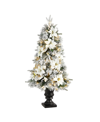 NEARLY NATURAL FLOCKED ARTIFICIAL CHRISTMAS TREE WITH 223 BENDABLE BRANCHES AND 100 WARM LIGHTS IN DECORATIVE URN, 