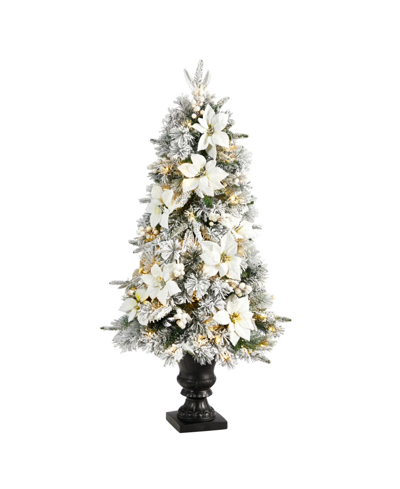 Nearly Natural Flocked Artificial Christmas Tree With 223 Bendable Branches And 100 Warm Lights In Decorative Urn, In Green