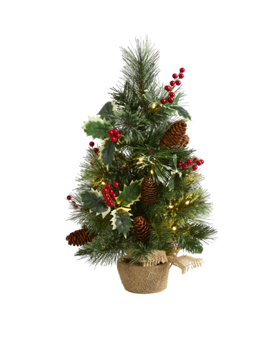 Nearly Natural Snow Tipped Pine And Berry Artificial Christmas Tree With 35 Warm Led Lights In Burlap Base, 2' In Green