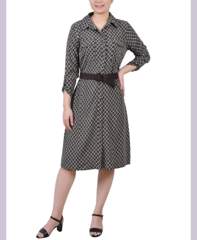 Ny Collection Plus Size 3/4 Roll Tab Sleeve Shirtdress In Doeskin Black Allie