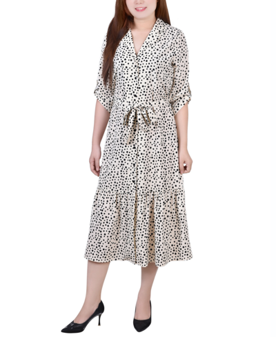 Ny Collection Petite Long Sleeve Tiered Dress With Ruffled Neck In Pristine/black Icemoon