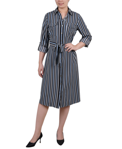 Ny Collection Petite Long Sleeve Roll Tab Shirtdress In Black Blue Ivory Stripe