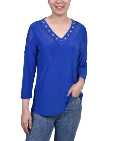 Ny Collection Petite Long Sleeve Top With Mesh Insets In Blue