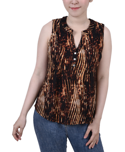 Ny Collection Petite Sleeveless Jacquard Y-neck Top In Brown Swirlbreeze