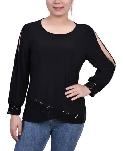 Ny Collection Women's Long Sleeve Knit Top With Sequin Trim In Black