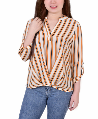 Ny Collection Petite Size 3/4 Push Tab Mandarin Collar Blouse With Front Pleats In Mustard Ivory Stripe