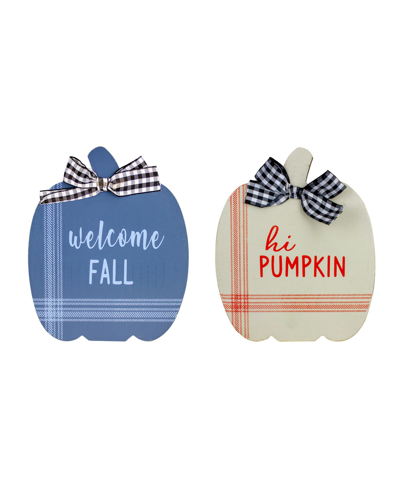 Northlight Fall Harvest Wooden Pumpkin 2 Piece Welcome Plaques Set, 8" In Blue