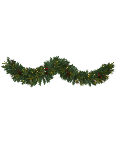 Nearly Natural Mixed Pine Artificial Christmas Garland With Lights, Berries And Pinecones, 72" In Green