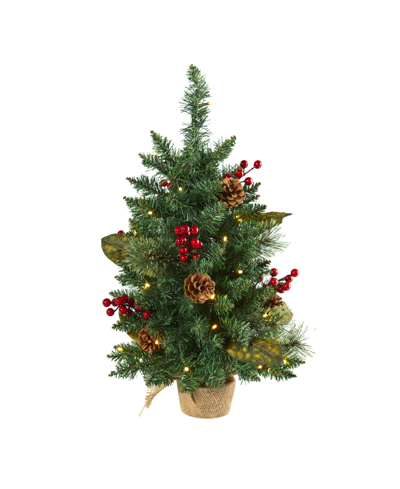 Nearly Natural Pine, Pinecone And Berries Artificial Christmas Tree With Lights And Bendable Branches, 24" In Green