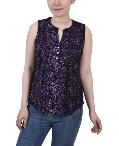 Ny Collection Petite Sleeveless Jacquard Y-neck Top In Purple Cheetah