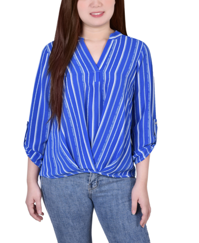 Ny Collection Petite Size 3/4 Push Tab Mandarin Collar Blouse With Front Pleats In Surf The Web Zipper Stripe