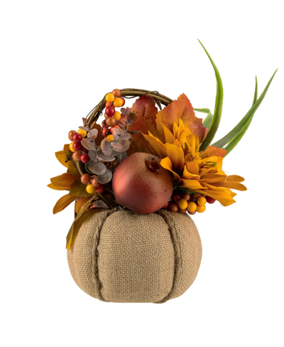 Northlight Mixed Autumn Harvest Flora In A Pumpkin Basket Decoration, 9" In Yellow