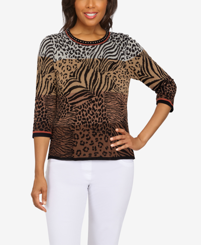 Alfred Dunner Petite Size Classics Ombre Animal Jacquard Sweater In Brown