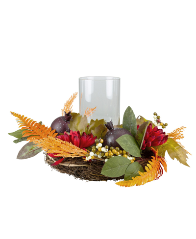 Northlight Mums With Pomegranate Fall Candle Holder Centerpiece, 22" In Red