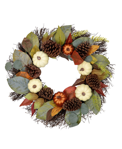 Northlight Pumpkin Pinecone And Gourd Artificial Fall Harvest Wreath Unlit, 24" In Green