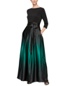 Sl Fashions Three-quarter Sleeve Jersey Bodice Ombré Satin A-line Gown In Black Green