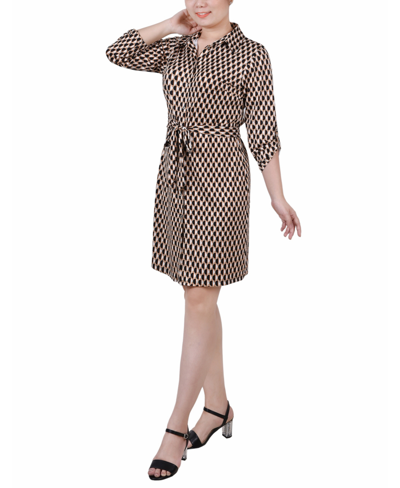 Ny Collection Petite 3/4-sleeve Printed Shirt Dress In Meerkat Jen Dot