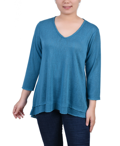 Ny Collection Petite 3/4 Sleeve V-neck Top In Crystal Teal