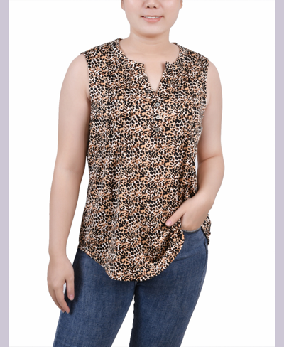 Ny Collection Plus Size Sleeveless Knit Y Neck Top In Gold-tone Black Animal