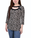 Ny Collection Women's 3/4 Sleeve Top With Combo Bands And Front Cutout In Abstract Dot
