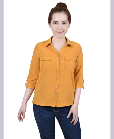 Ny Collection Petite 3/4 Roll Tab Blouse With Pockets In Yellow