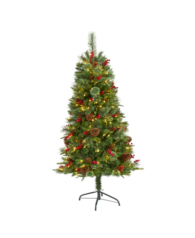 Nearly Natural Norway Mixed Pine Artificial Christmas Tree With Lights, Pine Cones And Berries, 60" In Green