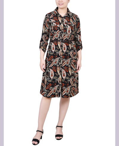 Ny Collection Petite 3/4 Roll Tab Sleeve Shirtdress In Black Paisley