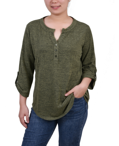 Ny Collection Women's 3/4 Roll Tab Sleeve Y-neck Top In Olivine