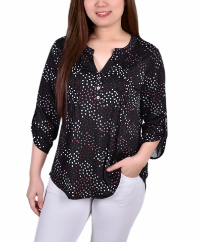 Ny Collection Women's 3/4 Roll Tab Sleeve Y-neck Top In Black White Abstract