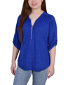 Ny Collection Plus Size 3/4 Roll Tab Zip Front Jacquard Knit Top In Victoria Blue