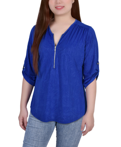 Ny Collection Plus Size 3/4 Roll Tab Zip Front Jacquard Knit Top In Blue