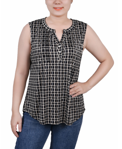 Ny Collection Plus Size Sleeveless Knit Y Neck Top In Black Doeskin Greek Key