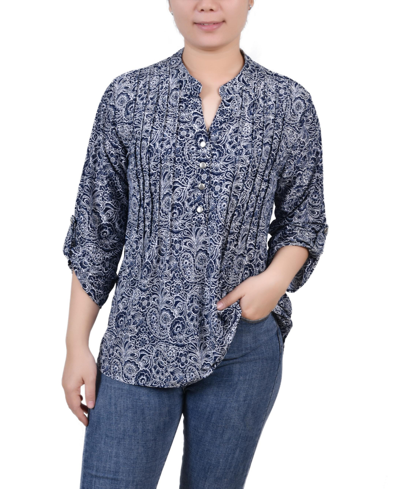 Ny Collection Petite 3/4 Roll Tab Sleeve Printed Pintuck Top In Navy Paisley