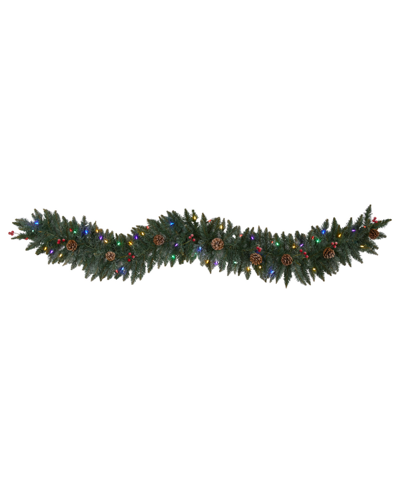 Nearly Natural Snow Dusted Artificial Christmas Garland With Lights, Berries And Pinecones, 72" In Green