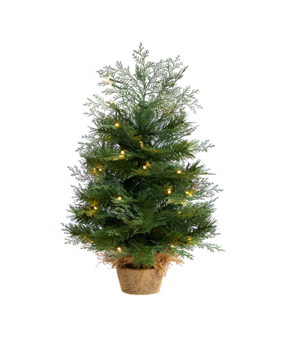 Nearly Natural Artificial Christmas Tree In Burlap Base With 35 Warm Led Lights, 2' In Green
