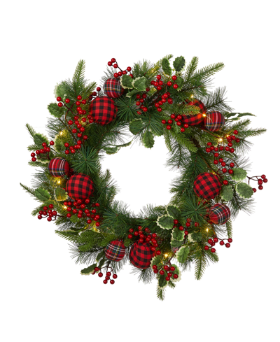 Glitzhome 24" Ornament Berry Holly Pine Wreath With Lights In Multi