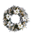 NEARLY NATURAL FLOCKED POINSETTIA AND PINE ARTIFICIAL CHRISTMAS WREATH WITH 50 WARM LED LIGHTS, 24"