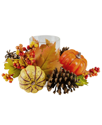 Northlight Pumpkin Berry And Pine Cone Fall Harvest Tea Light Candle Holder, 10" In Orange