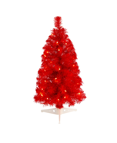 Nearly Natural Red Artificial Christmas Tree With 35 Led Lights And 72 Bendable Branches, 2'