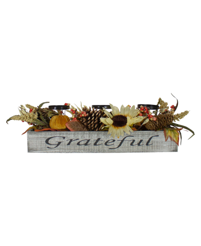 Northlight Autumn Harvest Sunflower 3 Piece Candle Holder In A "grateful" Rustic Wooden Box Centerpiece Set, 30 In Orange