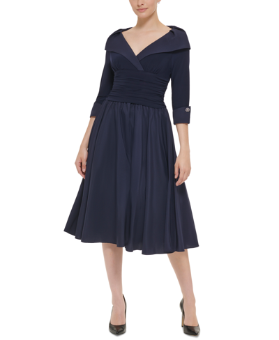 JESSICA HOWARD PETITE 3/4-SLEEVE PORTRAIT-COLLAR FIT & FLARE DRESS