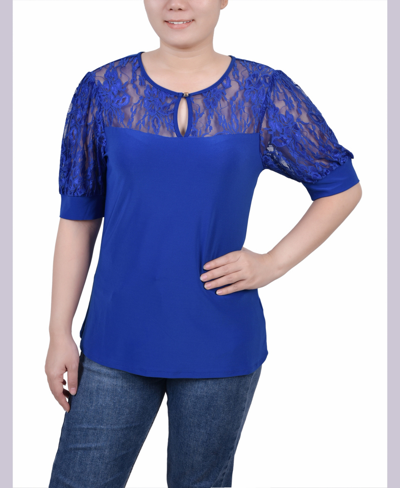 Ny Collection Petite Size Short Puff Sleeve Top With Lace Sleeves And Yoke In Blue