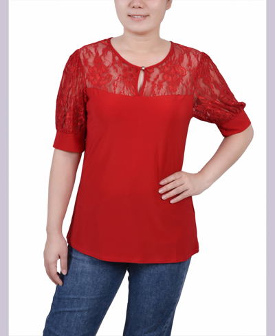 Ny Collection Petite Size Short Puff Sleeve Top With Lace Sleeves And Yoke In Red
