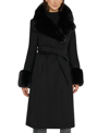 Via Spiga Wool Blend Belted Coat With Faux Fur Trim In Black